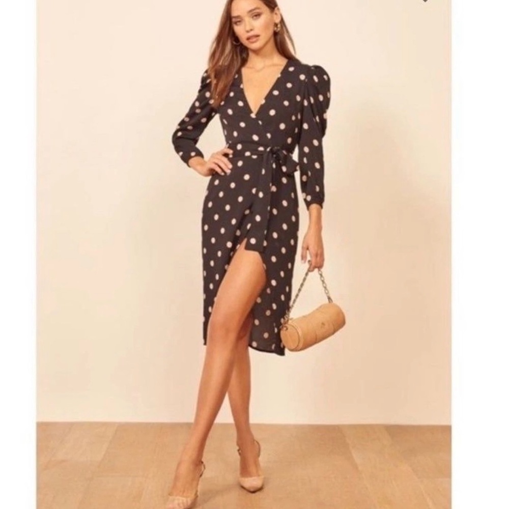 Reformation polka dot Black/cream Puff shoulder long sleeve Wrap Dress NEW